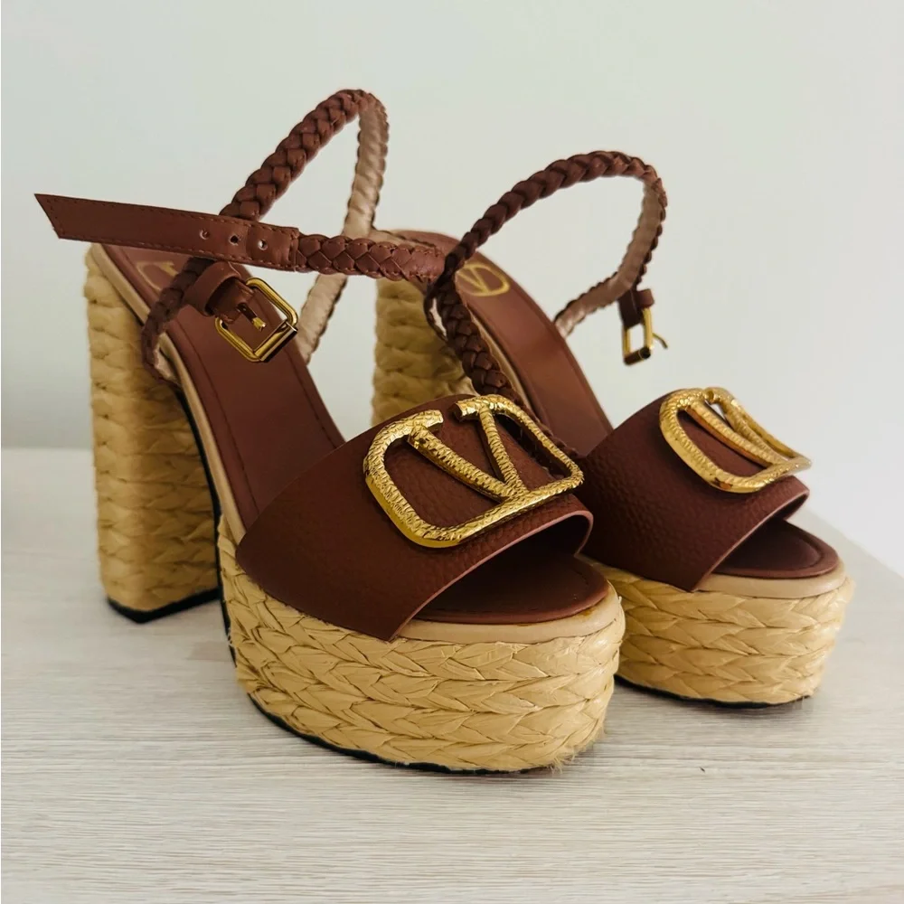 Valencia Brown Leather Platform Sandals with Gold Emblem